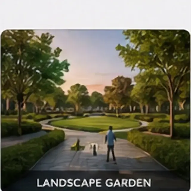 Tree-lined garden walkway with shaded seating