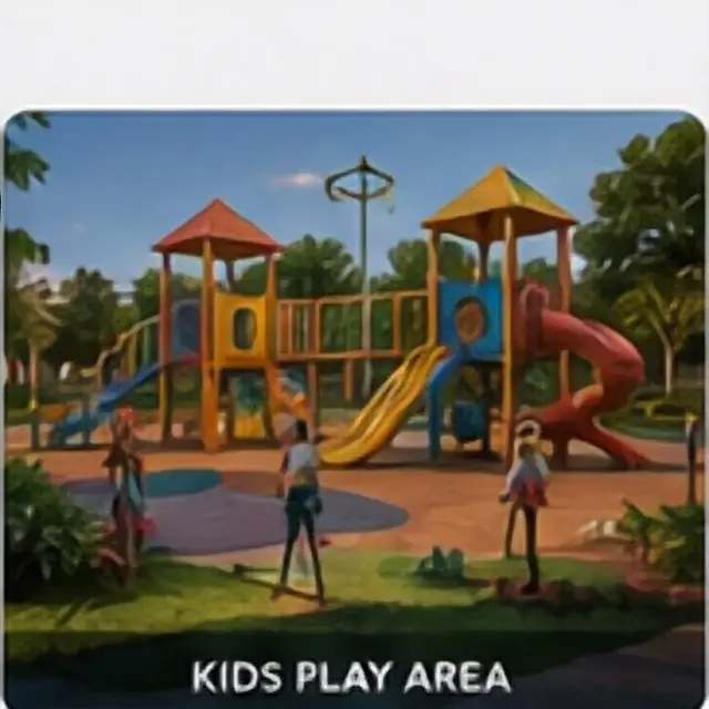 Children's outdoor play area beside landscaped community space
