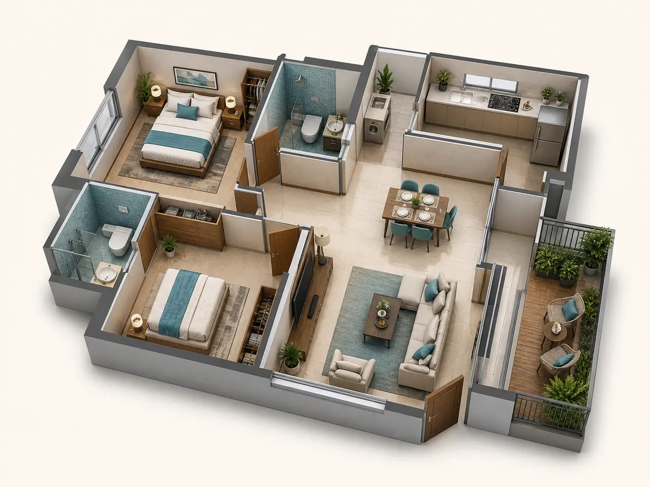 2 BHK apartment floor plan with living room, dining area, kitchen and two bedrooms