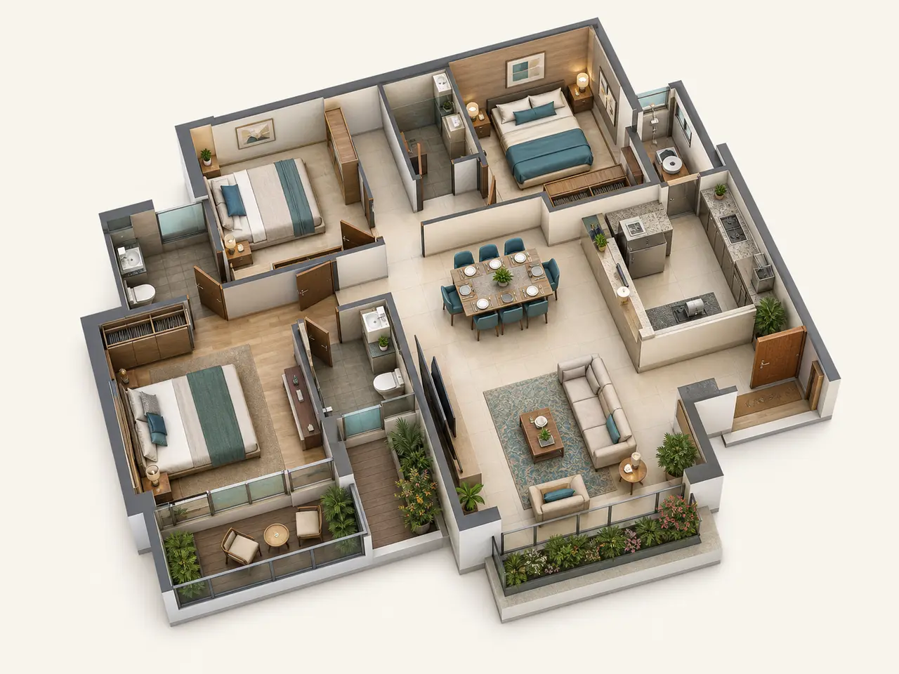 3 BHK apartment floor plan with living room, dining area, kitchen and three bedrooms