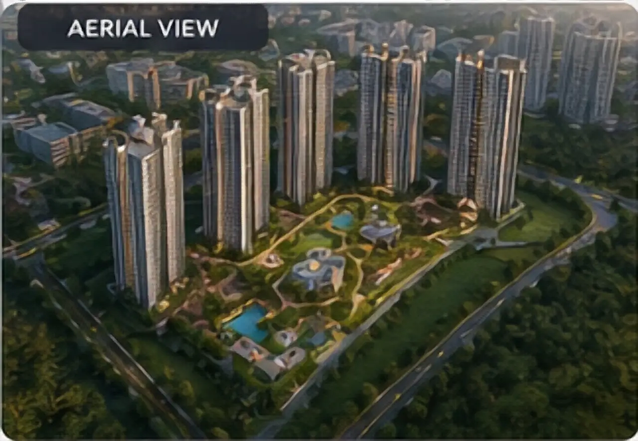 Apartment towers arranged around shared landscape and internal roads