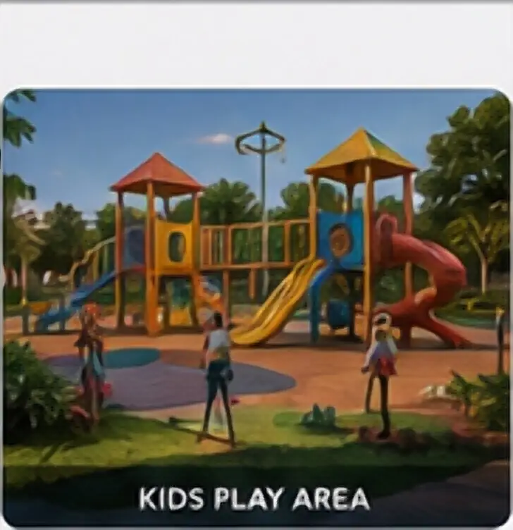 Children's outdoor play area beside landscaped seating