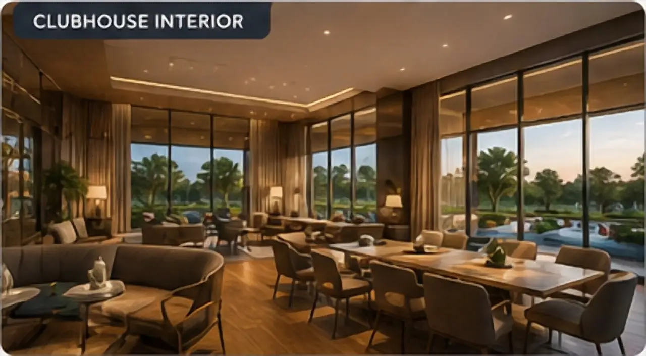 Clubhouse lounge with warm seating, tall windows and garden views