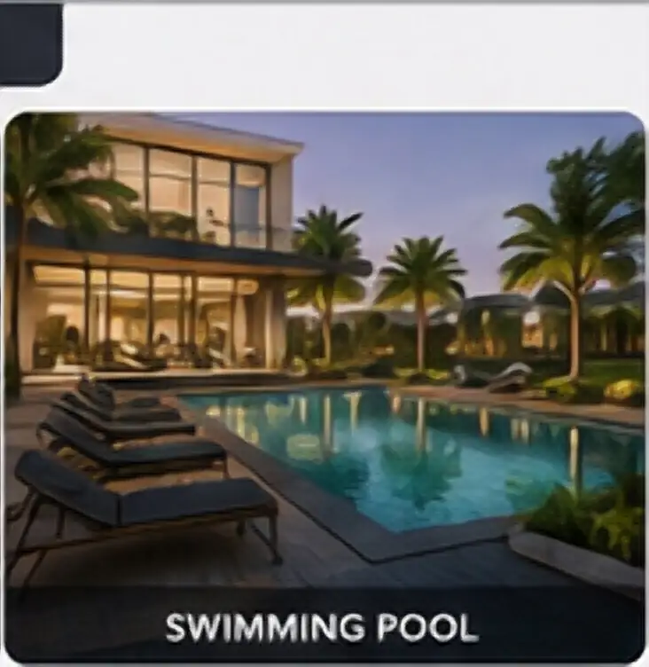Swimming pool with deck seating and landscaped apartment surroundings
