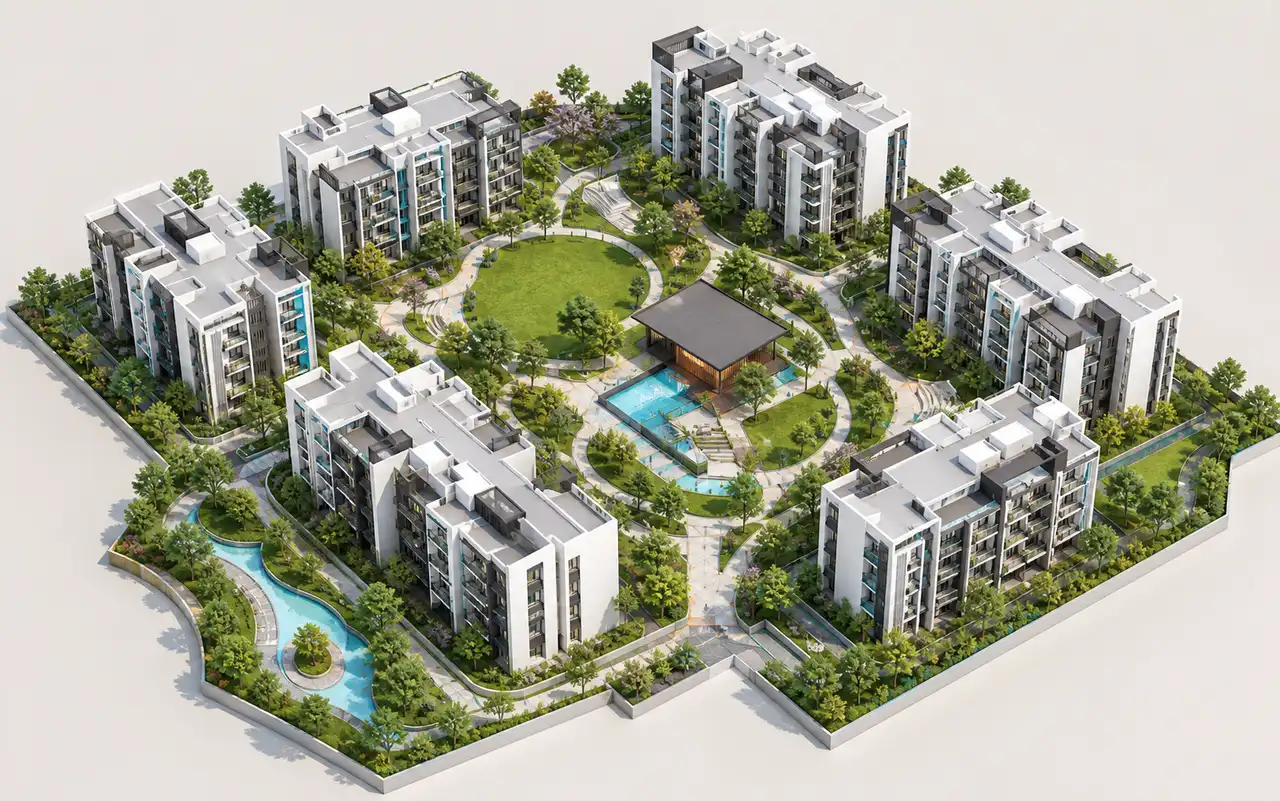 Residential site layout showing apartment blocks, internal roads and landscaped open spaces